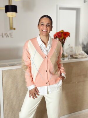 Cardigan Malha Losangos tom Rosa