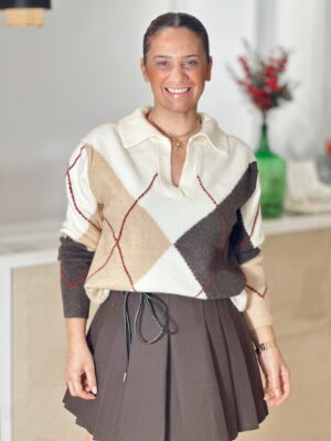 Camisola Malha Losangos Gola Pérola